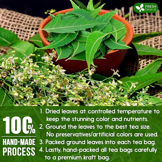 FreshDrinkUS, Premium 33 Neem Leaf Tea Bags, 100% Natural and Pure from Neem Leaves. Herbal Tea. No Sugar, No Caffeine, No Gluten, Vegan.