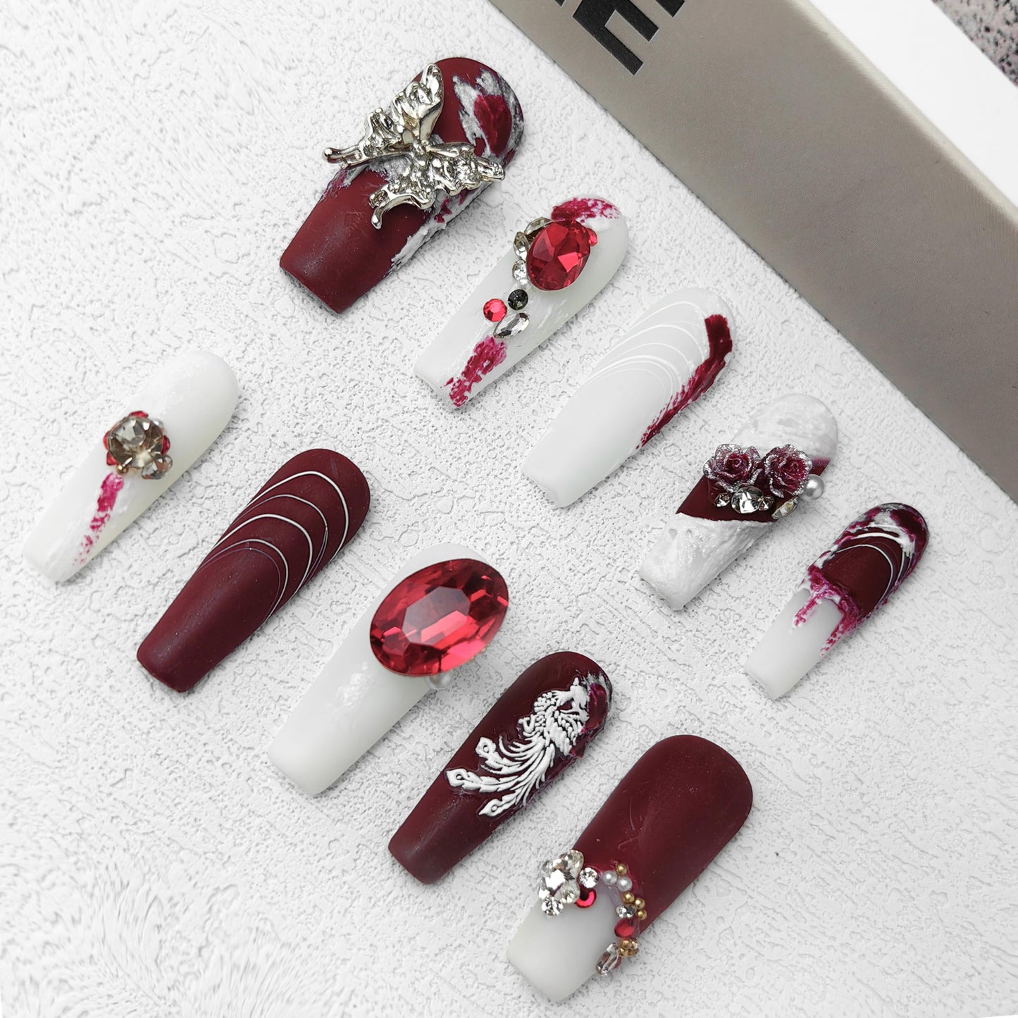 GGddsha 2025 Burgundy Medium Press on Nail Hand-painted Irregular Frosted Design w/Rhinestones Flower Butterfly Handmade Reusable PMMA Acrylic Matte Full Coverage Nail (Hand-painted Pattern, Medium)