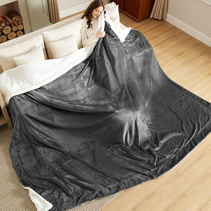 Bedsure Sherpa Fleece Oversized Cal King Blankets for Bed - Thick and Warm, Soft Fuzzy Plush Large Blanket for Winter, Charcoal, 112x98 Inches