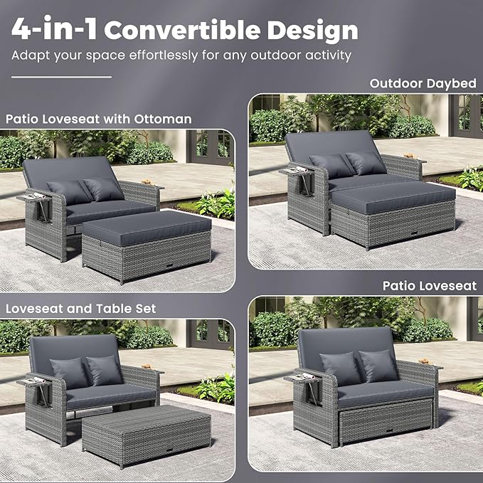 HAPPYGRILL Patio Rattan Wicker Daybed with Loveseat & Storage Ottoman, Outdoor Lounge Sofa Furniture Set with Adjustable Backrest & Side Trays, for Poolside Deck Porch Lawn (Mix Grey & Grey)