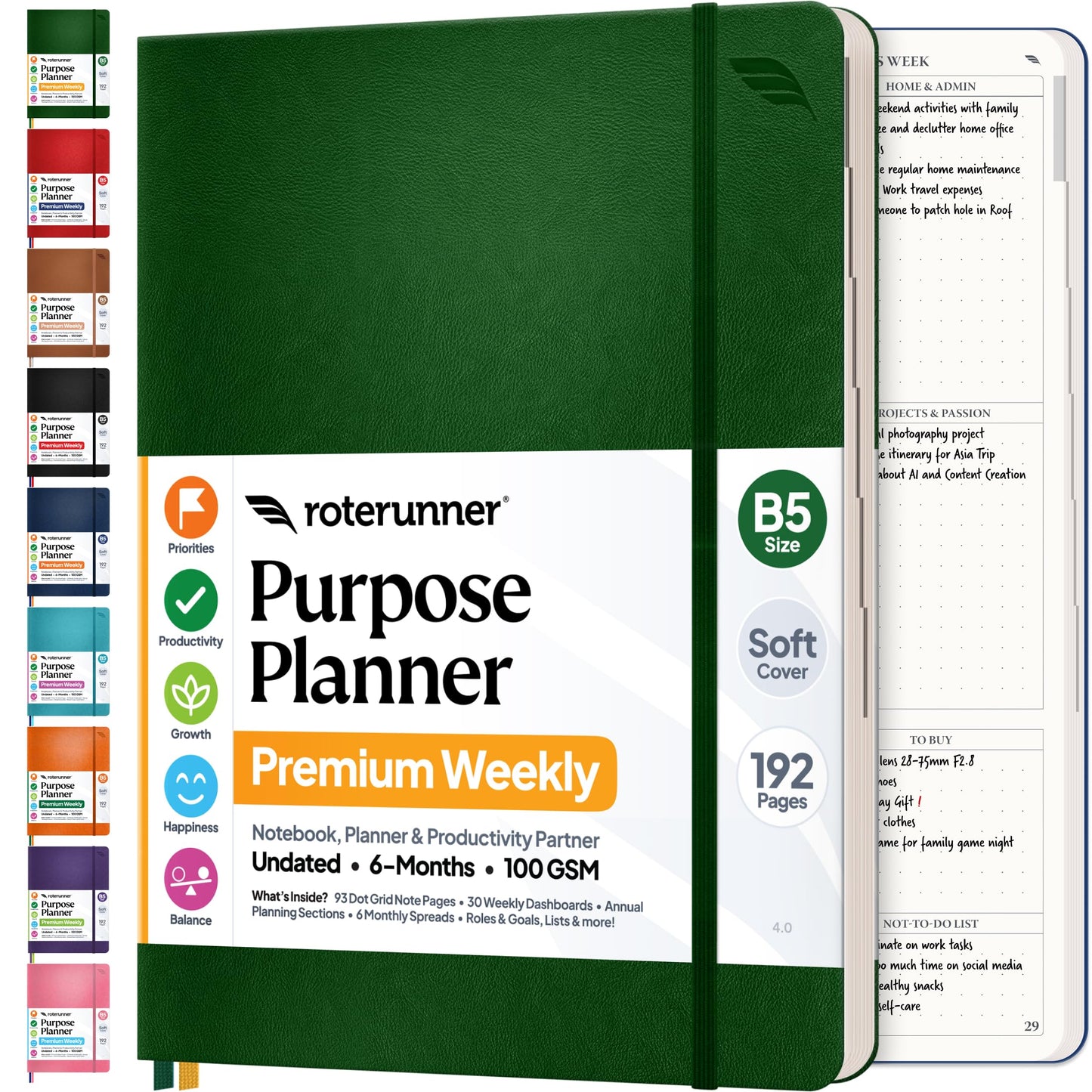 Roterunner Purpose Planner Notebook B5 7.5”x9.8” Undated 2026 Daily Weekly and Monthly Productivity Goal Setting Tool for Work Home ADHD Planner for Adults Self Care Journal