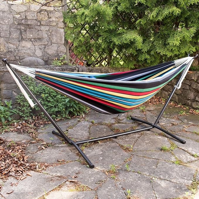Vivere Double Cotton Hammock with Space Saving Steel Stand, Upgraded Polyester End Strings 450 lb Capacity - Premium Carry Bag Included - (Rio Night)
