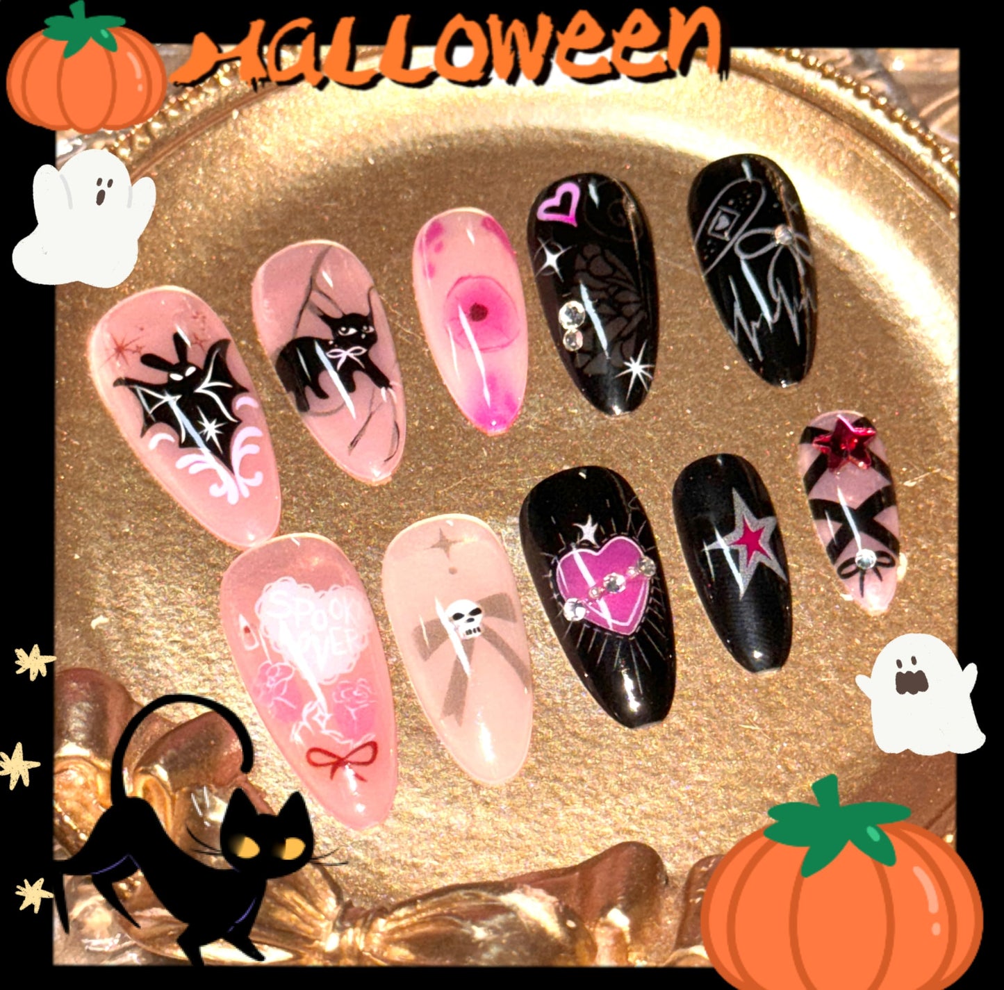 BABALAL Almond Press on Nails Medium Fake Nails Black Pink Glue ons Y2k Bat Cat Bow Design Goth Acrylic Nails 24Pcs Cute Halloween False Nails Star Stiletto