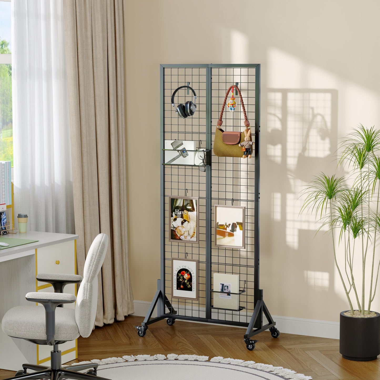 VAFEKOL Rolling Gridwall Display Stand, 65.6" H x 23.6" W Wire Mesh Rack with Wheels, Metal Display Grid for Art Shows, Craft Fairs, Retail Boutique & Home Storage, Black