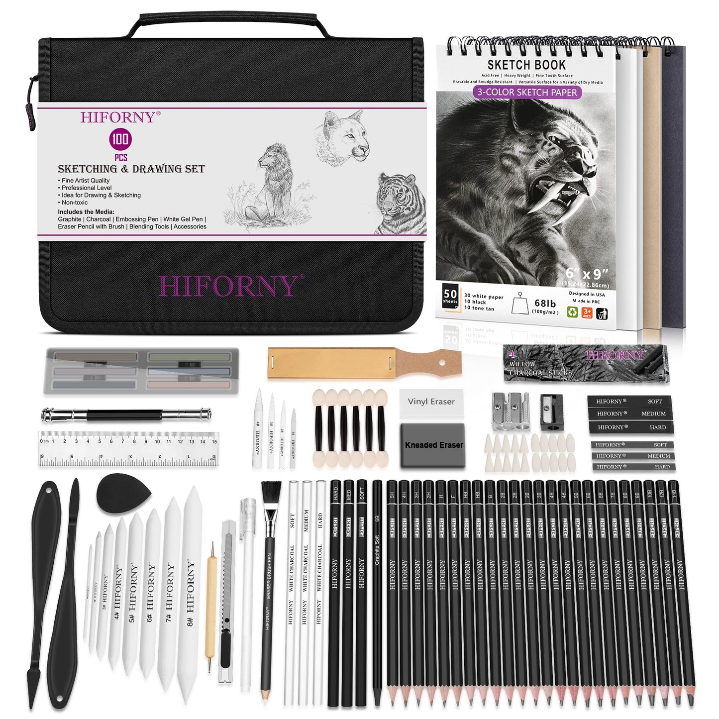 HIFORNY 100 PCS Drawing Set Sketching Kit,Sketch Pencils Art Supplies with Graphite,Charcoal,Blending Tools & Accessories,Portable Zippered Travel Case for Artists & Beginners