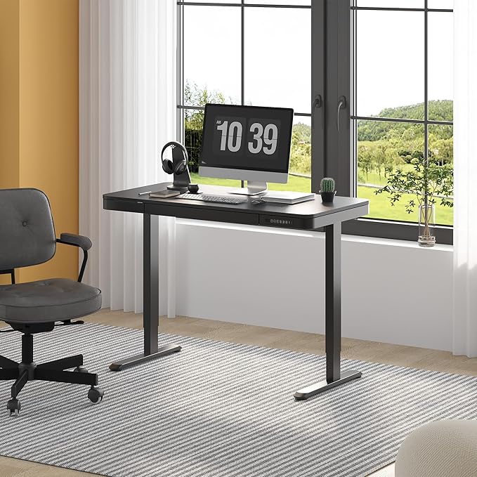 FLEXISPOT Comhar Electric Standing Desk with Drawer Desktop & Adjustable Frame Quick Install w/USB Charge Ports (Black, Wood)