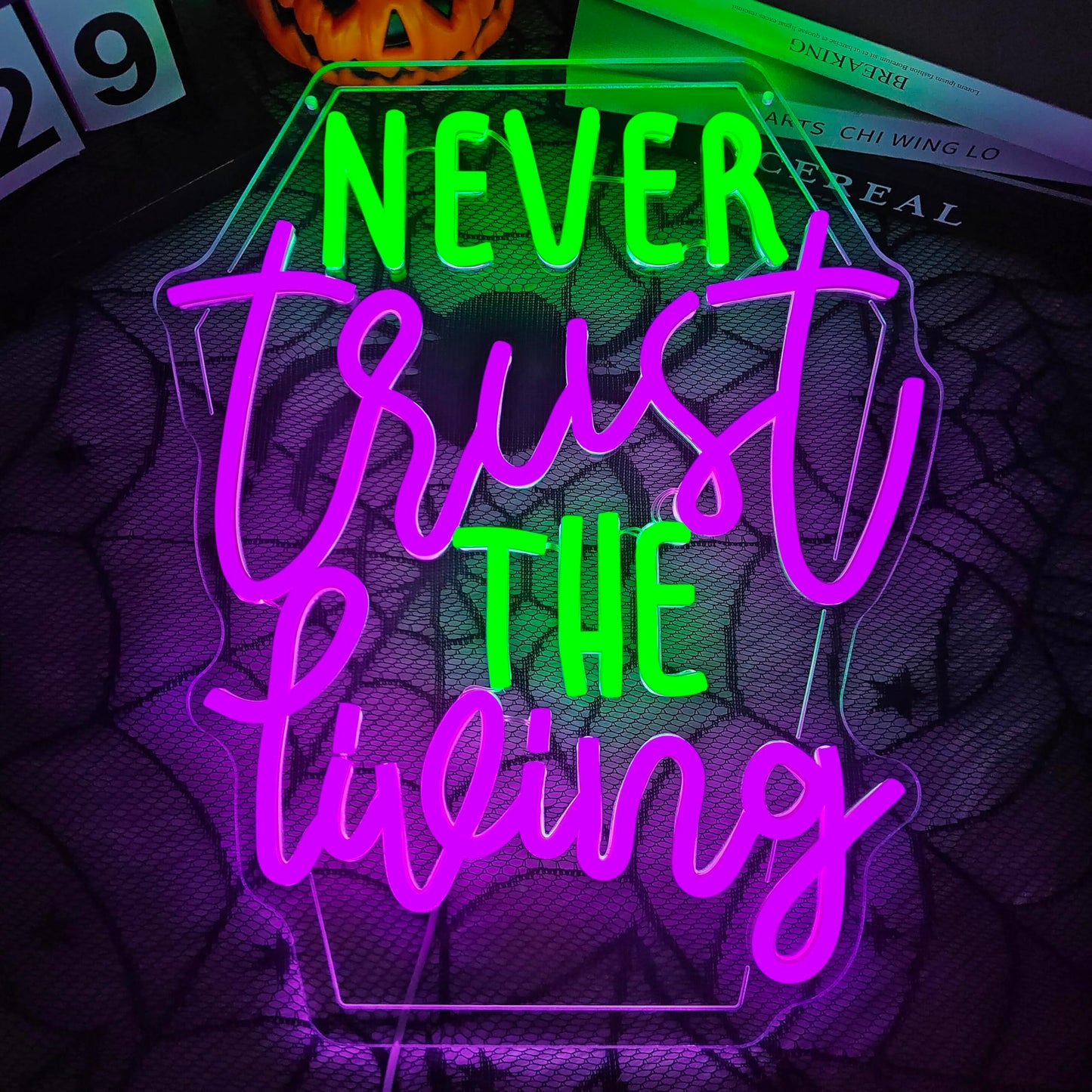 Ajoyferris Never Trust The Living Neon Sign Halloween Led Signs Dimmable Tombstone Light Up Sign Gothic Haunted House Neon Window Lights Scary Halloween Decorations