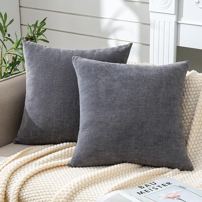 GAWAMAY Decorative Chenille Throw Pillow Covers 26x26 Inch Pack of 2, Soft Square Couch Pillow Cover for Sofa Cushion Living Room Bedroom Solid Dyed Oversized Pillowcases Grey 66x66cm (ONLY Covers)