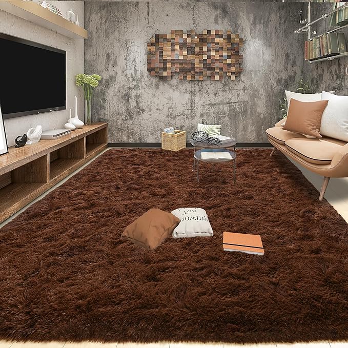 Tepook Super Soft Fluffy Rug for Bedroom, Modern Shaggy Fuzzy Kids Rugs for Living Room, Plush Indoor Nursery Home Decor Dorm Carpet with Non-Slip Bottom, Brown, 4 X 6 Feet