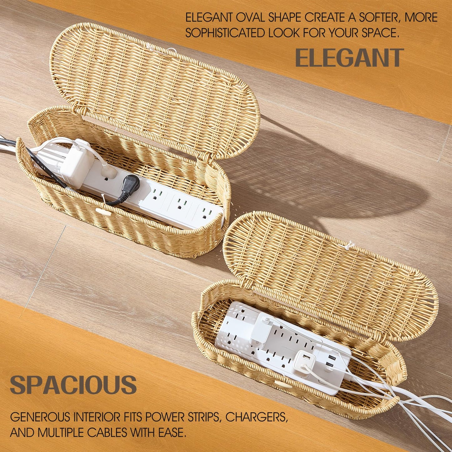FairyHaus Cable Management Box 2Pack Caramel, Handwoven Large and Small Cable Organizer Box Cover to Hide Cords and Power Strip, Imitation Wicker Cord Organizer Box Hider for Office Desk and Floor