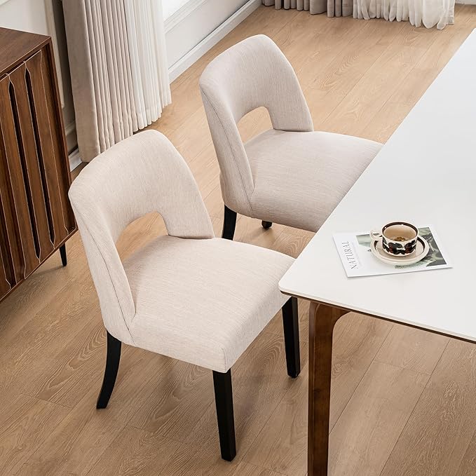 VKNOW Wooden Dining Chairs Set of 2, Modern Fabric Upholstered Dining Room Chair Kitchen Chairs, Farmhouse Dinner Chair for Kitchen Dining Room, Beige-Black Legs