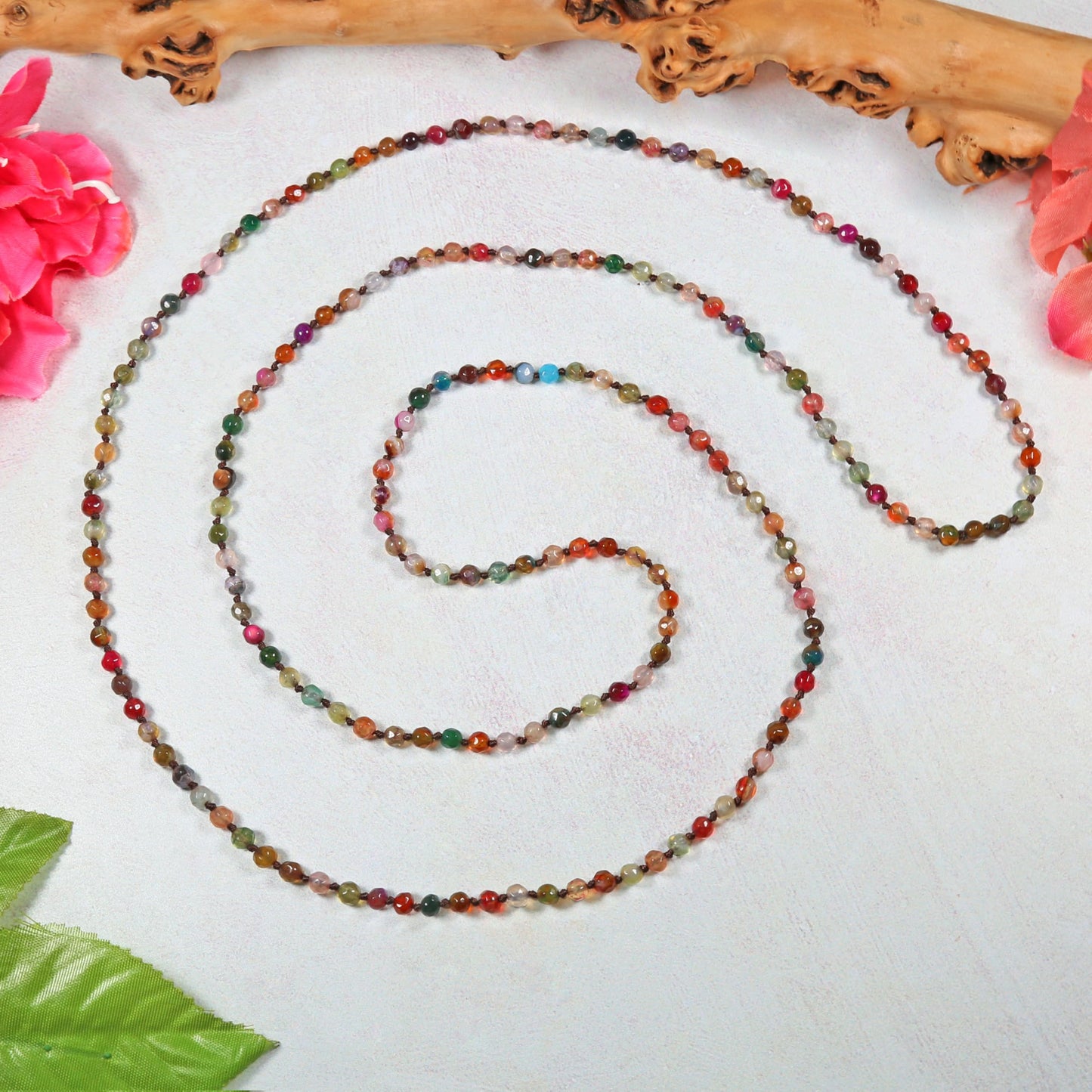 MGR MY GEMS ROCK! 36-inch 4MM Micro-cut Petite Natural Agate Multi-color Multi-strand Bracelet or Light Weight Mala Chakra Infinity Slip On Style Dainty Beaded Necklace for Women. agate-multi-color