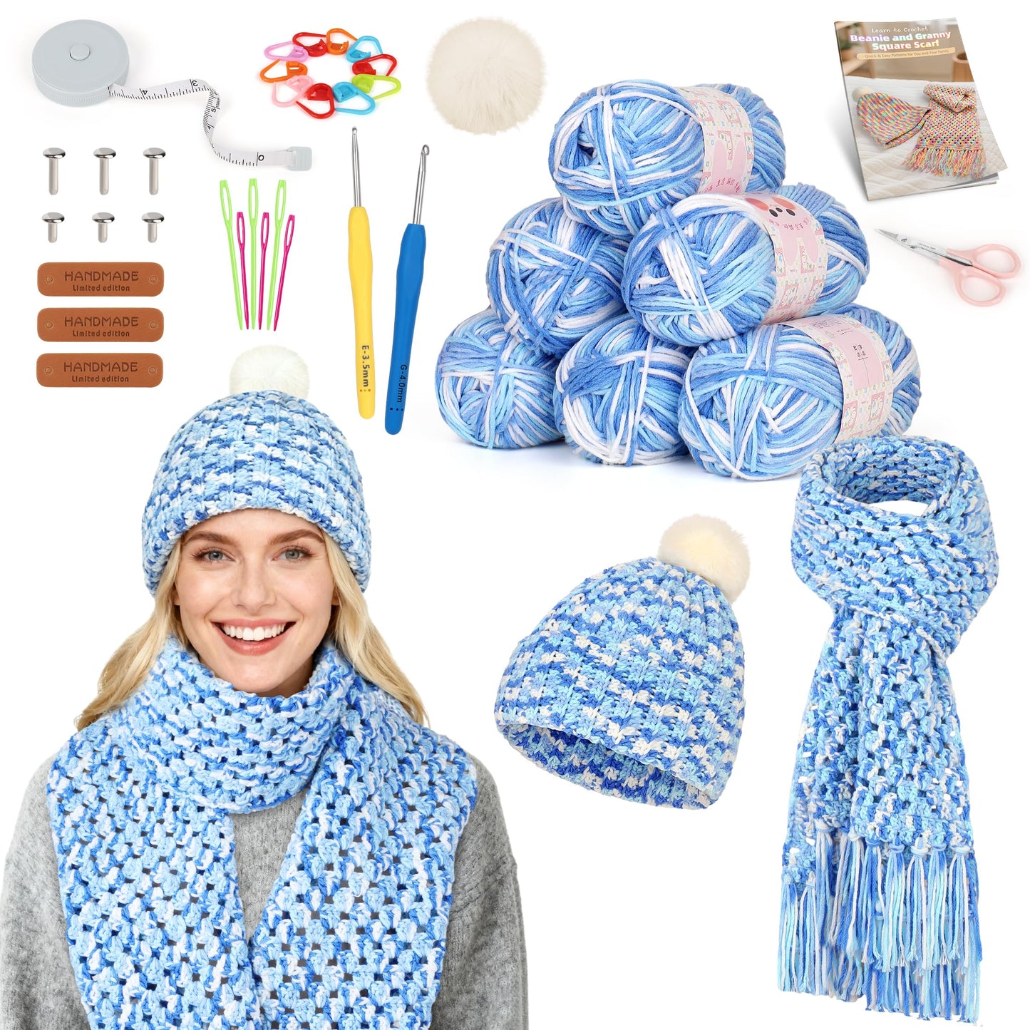 Katech Crochet Kit for Beginner-Crochet Kit for Adults - Complete Set Learn to Crochet Hat, Scarf, Knitting Starter Kit with Step-by-Step Instructions 6 Crocheting Yarn (Blue)
