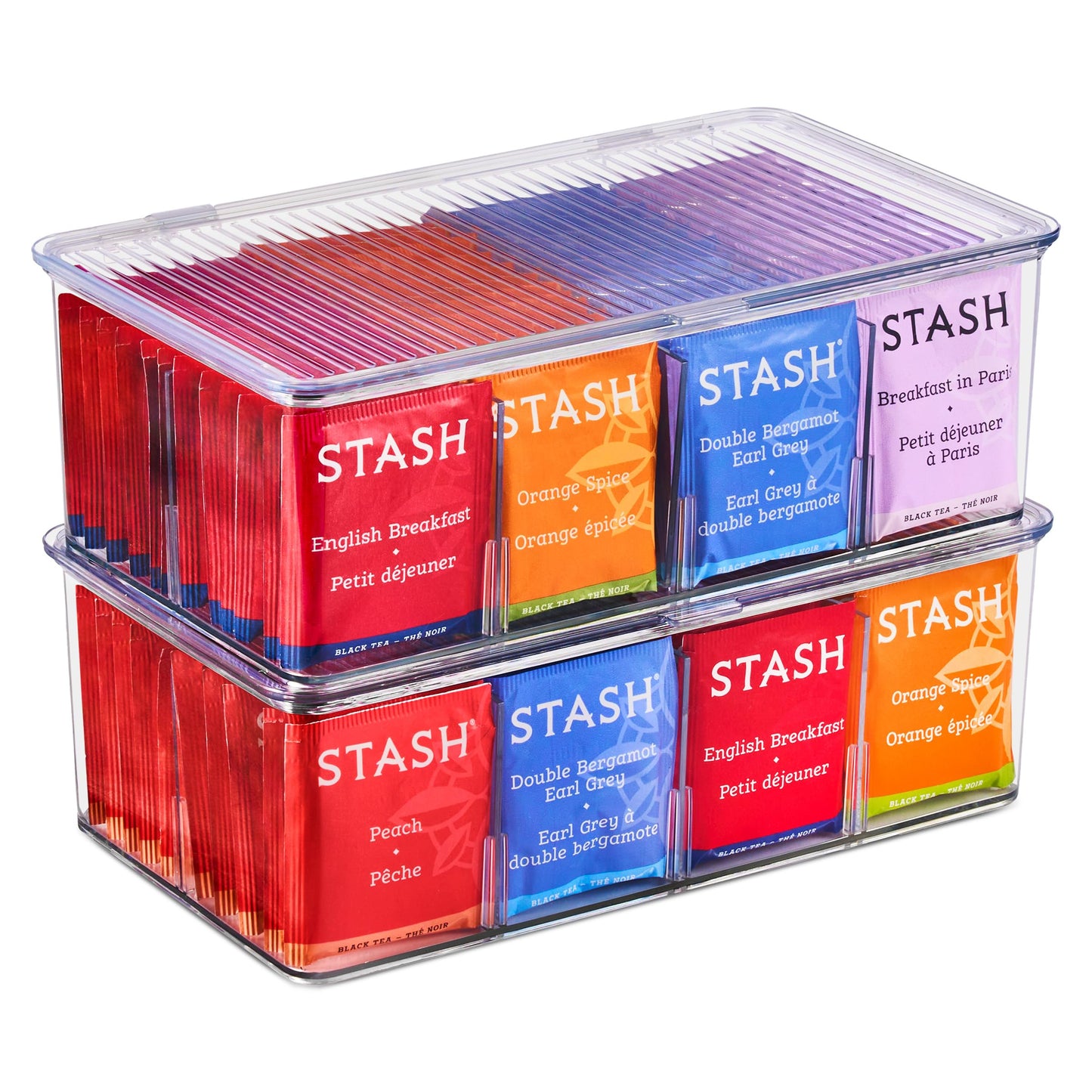 Sorbus 2 Pack Tea Bag Organizer Bins w/Lids & 4 Removable Dividers, Clear Plastic Food Packet Snack Organizer, Stackable Pantry Organization, Kitchen Storage, Fridge Bins, Sturdy Cabinet Organizers