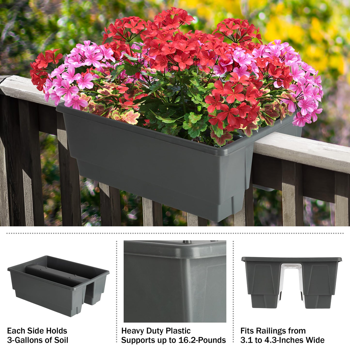 Railing Planter Box 2-Pack - 20.75-Inch Flower Boxes with Removable Drainage Inserts - 6-Gallon Outdoor Planters for Porch, Deck, or Balcony Decor, Fits Rail 3” - 4” by Pure Garden (Gray)