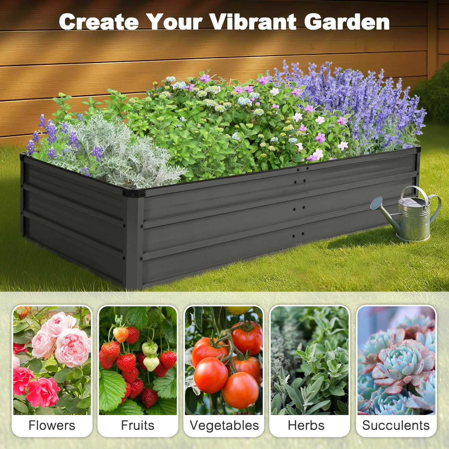 NUU GARDEN Rectangular Galvanized Raised Garden Bed for Gardening Elevated Planting Metal Planter Box Outdoor Patio Planting Bed for Vegetables Flowers Herb, Dark Gray
