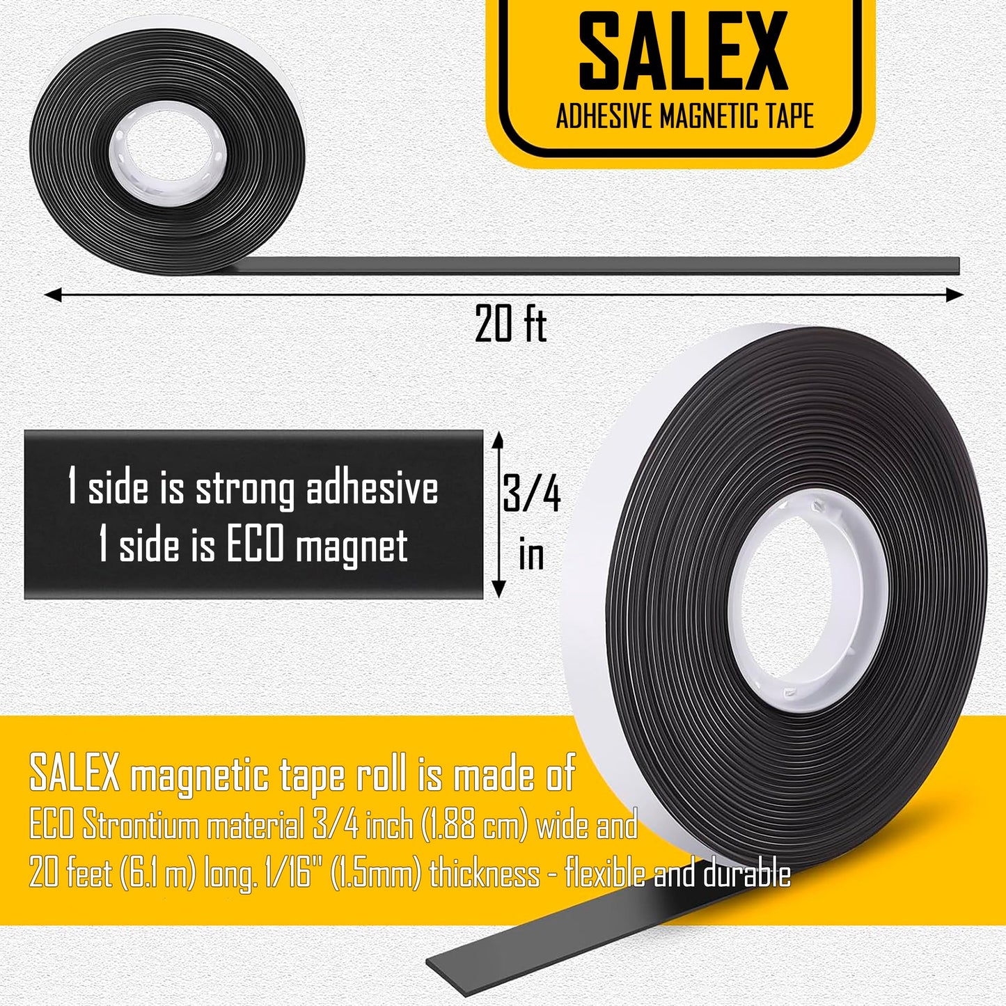 Magnetic Tape with Adhesive Backing 3/4 inch Wide - Thick 60 mil Magnet Tape Roll to Make Sticky Magnet Strips, Strong Squares, Dots, Flexible Sheets, Cutting Own Fridge Magnets, Crafts