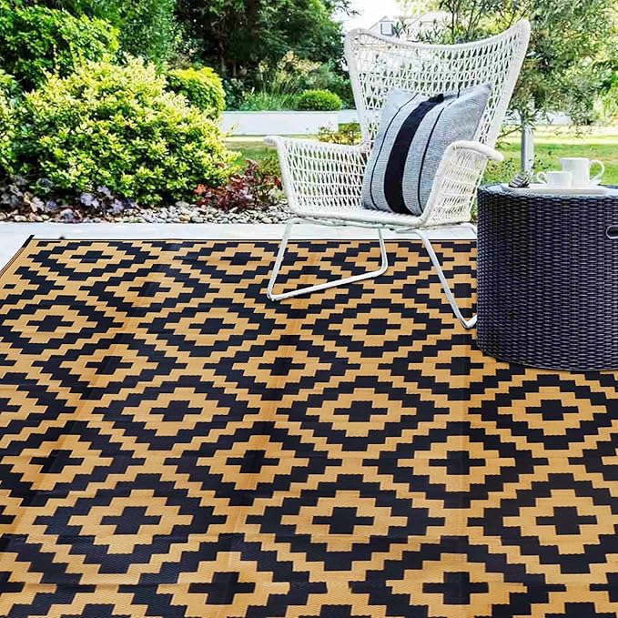 SAND MINE Reversible Mats, Plastic Straw Rug, Modern Area Rug, Large Floor Mat and Rug for Outdoors, RV, Patio, Backyard, Deck, Picnic, Beach, Trailer, Camping, Black & Brown, 9' x 18'