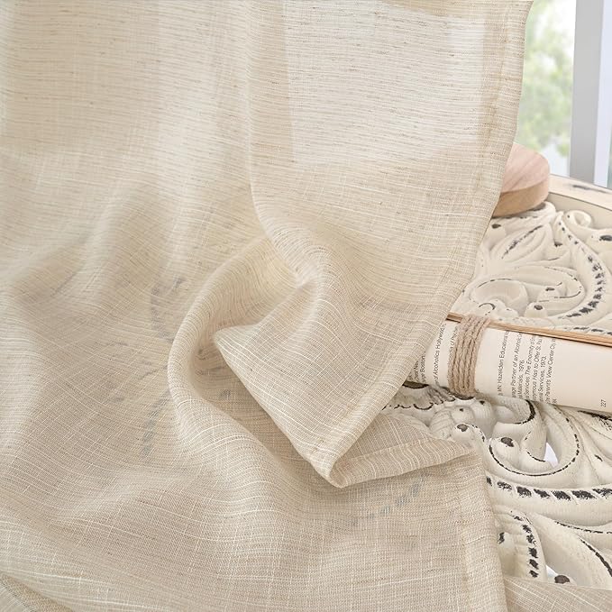 BGment 63 Inches Long Burlap Linen Semi Sheer Curtains for Living Room - Natural Tan Drapes Rod Pcoket Light Filtering Window Treatments for Farmhouse Bedroom Lightweight, 2 Panels Set, 52 X 63 Inch