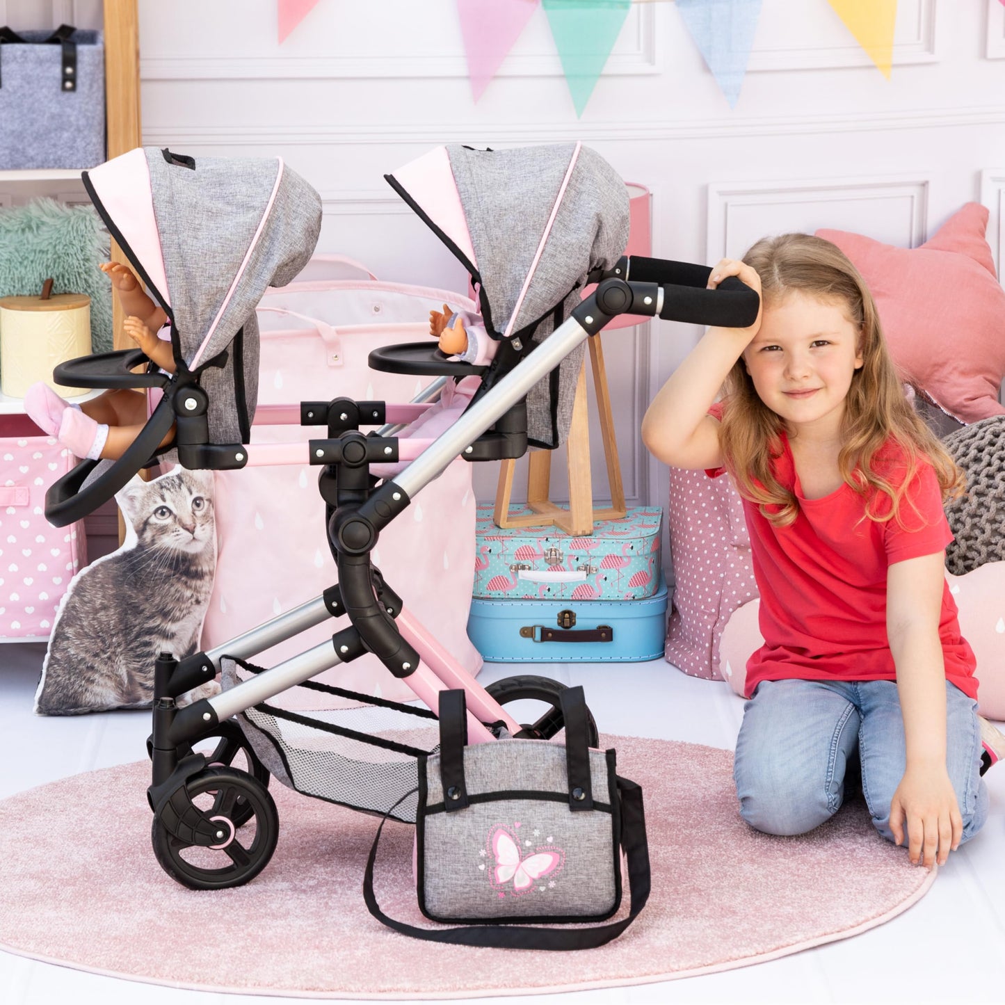 Bayer Twin Doll Pram Neo, Grey, Pink with Butterfly, Jean Look