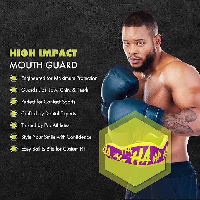 DAMAGE CONTROL High-Impact Mouth Guard – Sports Mouthguard for Boxing, Football, Hockey, Lacrosse & Basketball, Protects Teeth & Jaw, Protective Mouthpiece for Adults & Youth (Youth, HA HA HA 2.0)