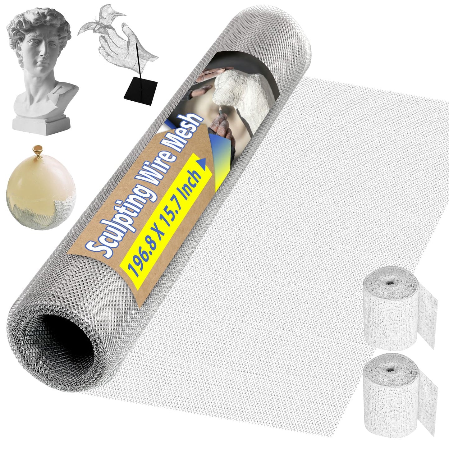 Sculpting Wire Mesh Roll 15.7 X 196.8 Inch, Aluminum Wire Mesh with 2 Rolls Plaster Cloth for for Art and Crafts Sculpture Projects, Moldable Sculpting Mesh for Sculpture Clay, DIY Home Decoration