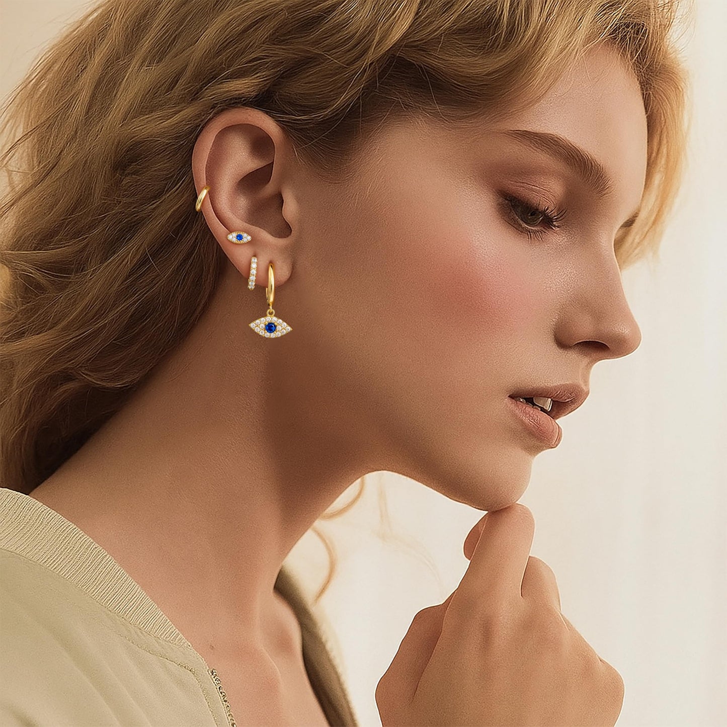 Evil Eye Earrings Set for Women, Gold Evil Eye Dangle Stud Hoop Earring Set for Multiple Piercing, Dainty Earrings for Everyday Wear Protection Jewelry