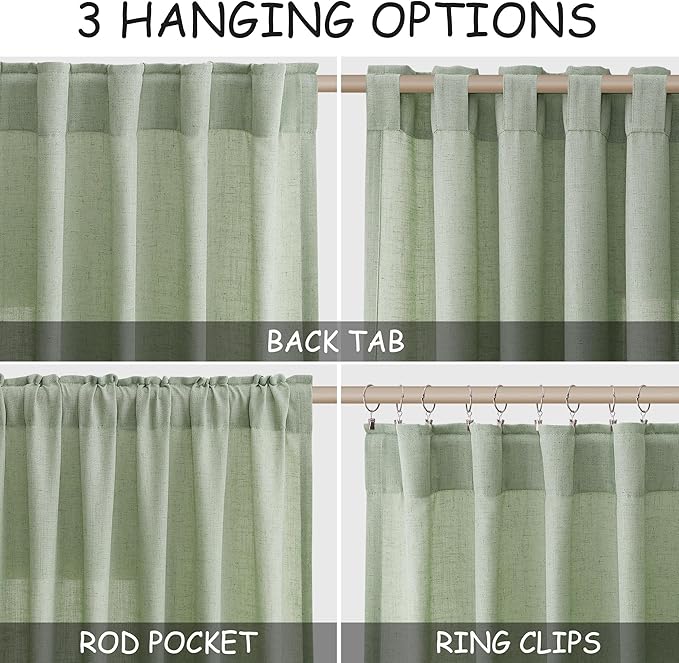 Mist Sage Linen Curtains 63 Inches Long 2 Panel Sets for Living Room Bedroom Rod Pocket Back Tab Light Filtering Drape for Kitchen Window Short Protect Privacy Curtain Modern Farmhouse Decor 52x63
