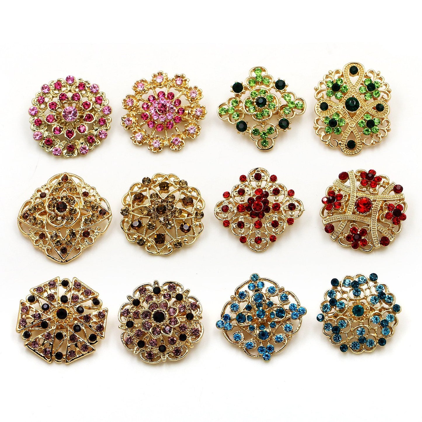WeimanJewelry Silver/Gold Plated 12pcs Crystal Rhinestones Flower Brooch Pins DIY Wedding Bouquets Kit