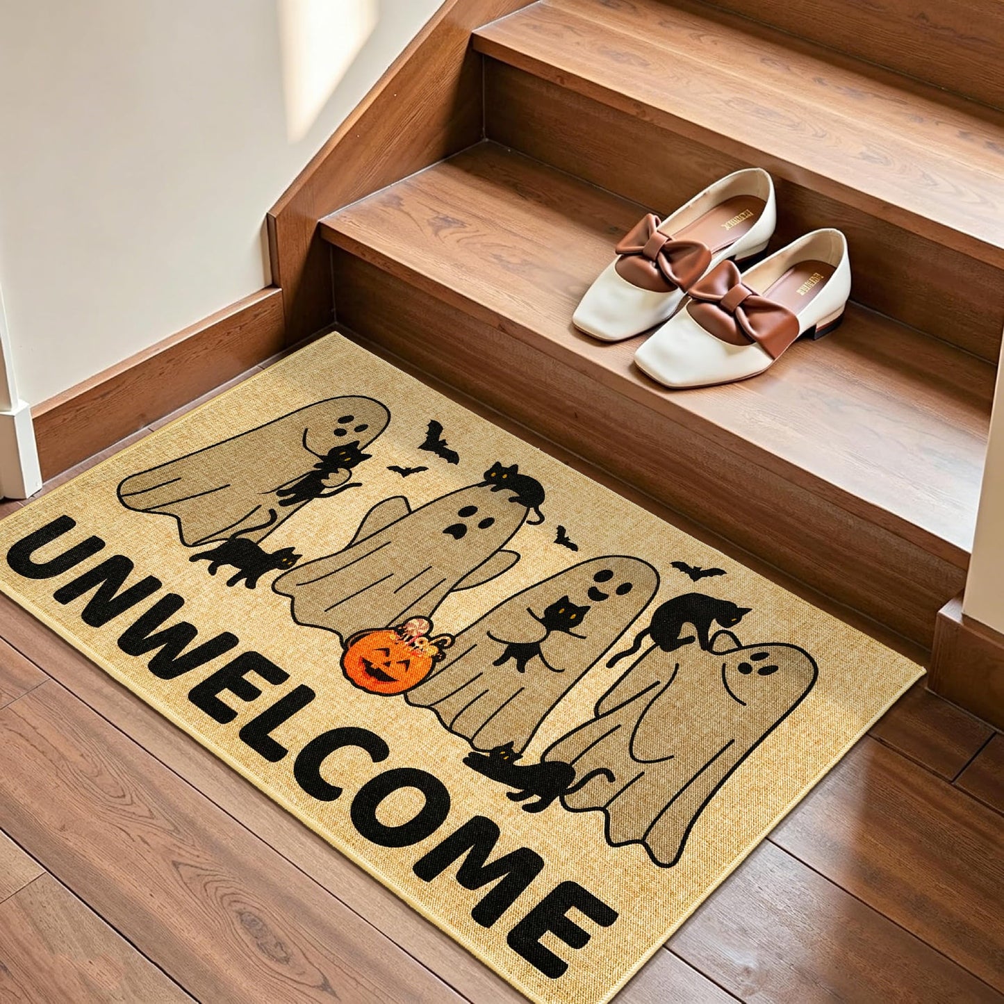 Kazova Unwelcome Doormat Funny Ghost Boo 17x30 Inch Non Slip Washable Linen Indoor Outdoor Rug for Introvert Home Office Front Door Entryway
