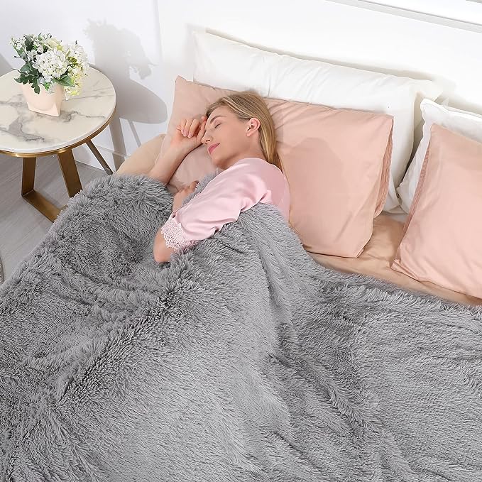 Tuddrom Decorative Extra Soft Faux Fur Throw Blanket 70" x 78",Solid Fuzzy Reversible Fluffy Cozy Plush Mink Fleece Comfy Microfiber Blanket for Couch Sofa Bed, Grey