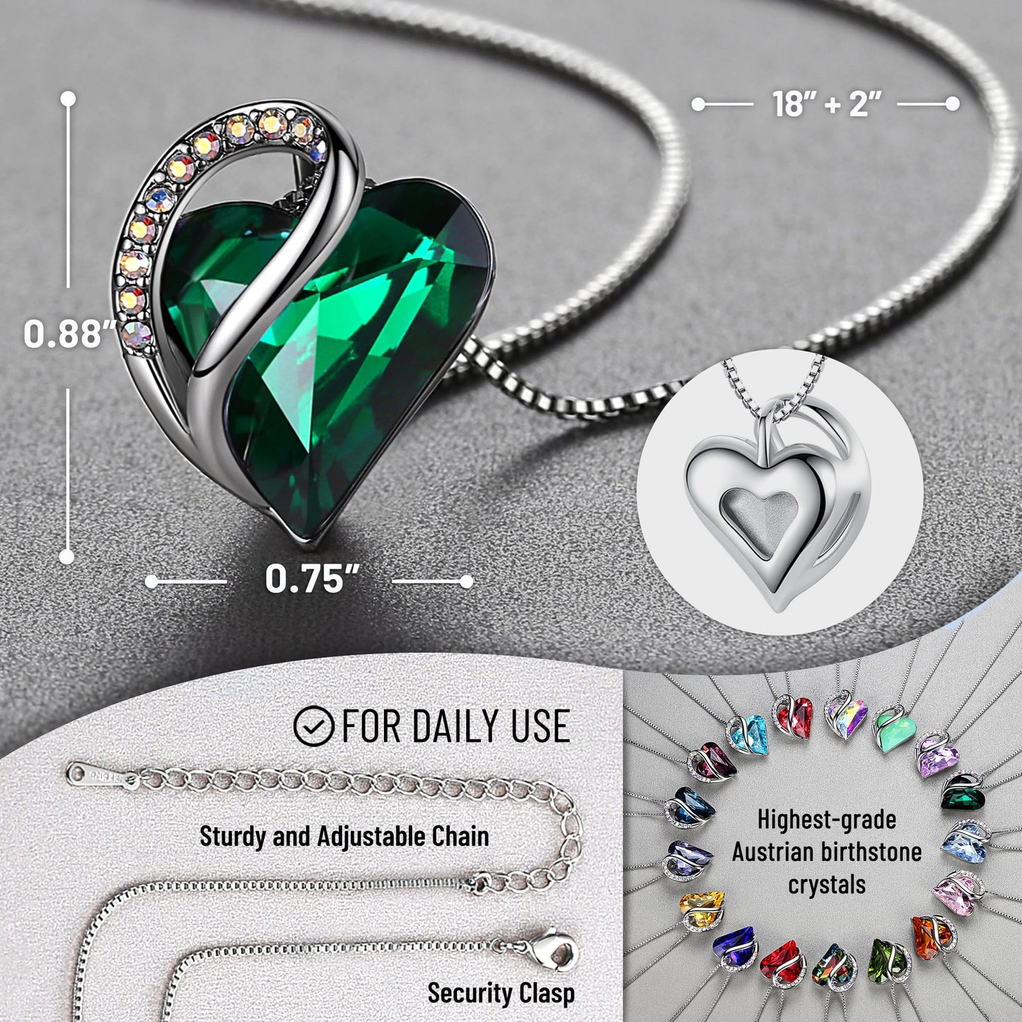 Leafael Gift Necklaces for Women, Infinity Love Birthstone Heart Pendant with Emerald Green Crystal for May, Birthday Jewelry for Her, Mom, and Wife, Silver Plated, 18 + 2 inch Chain