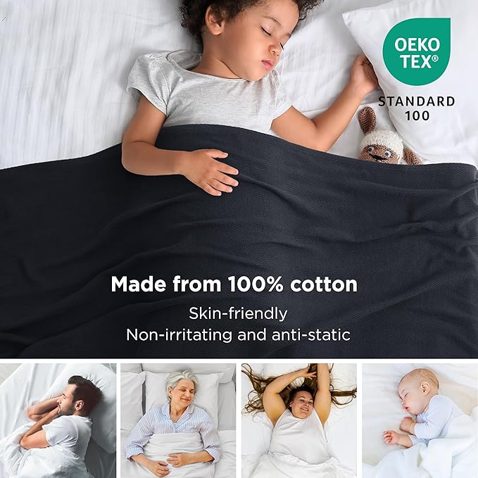 Bedsure 100% Cotton Blanket Queen Size for Bed - Breathable and Lightweight, Soft Cozy Textured Herringbone Woven Blanket for Summer Spring, Black, 90x90 inches