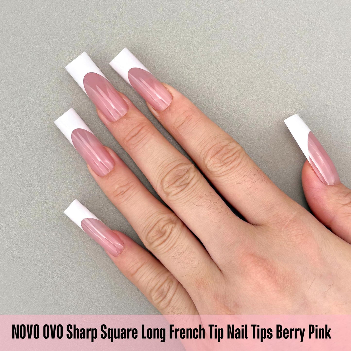 NOVO OVO Long Sharp Square White French Tip Nail Tips Press on BERRY PINK, Extra Thick NEED Builder Gel & Top Coat & Glue, Soft Gel full Cover False Fake Nail Extension for Salon DIY x 15 Sizes 180 pc