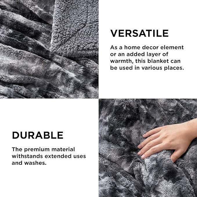 Bedsure Sherpa Blanket Queen Size - Soft, Fuzzy & Fluffy Faux Fur - Warm, Cozy Blanket for Couch, Sofa and Bed, Tie Dye Design, Grey, 90x90 Inches