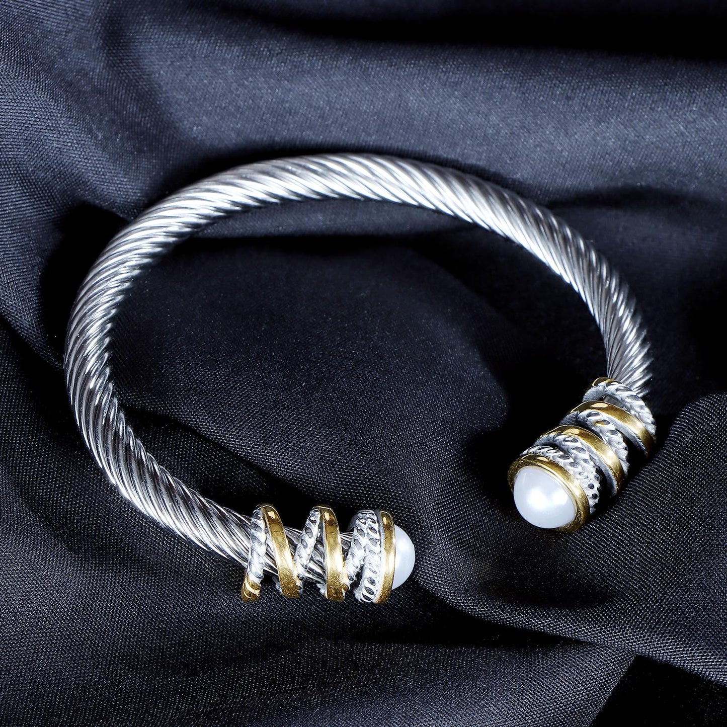Decpro Antique Twisted Cable Bracelet with Composite Shell Pearl Inlay Alloy Cuff Bracelet for Women