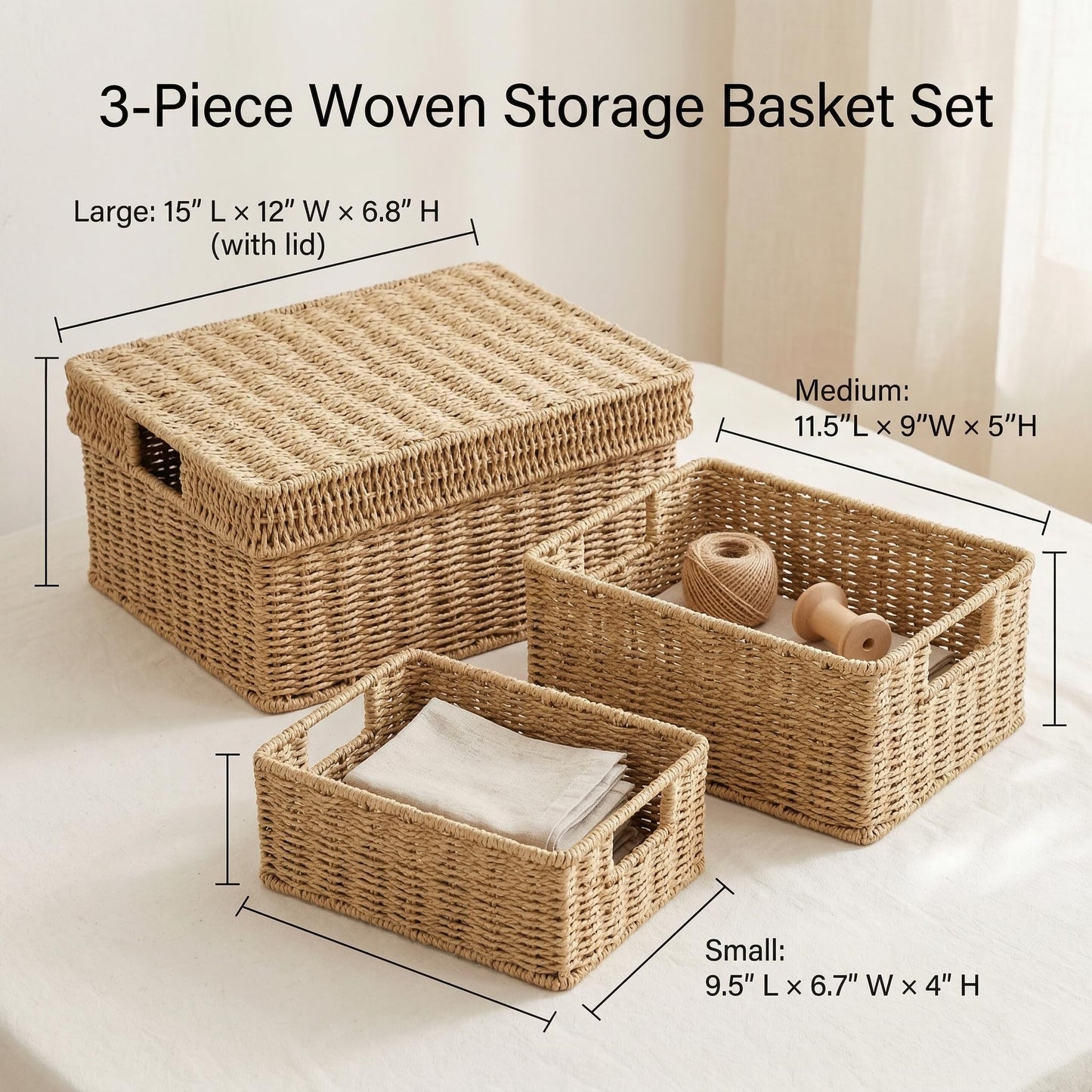 GANLUX Wicker Storage Basket with Lid - Woven Basket for Storage,Rectangular Decorative Boxes Bins with Lids for Shelves,living room, Nursery, 3 baskets+1 lids(Natural)