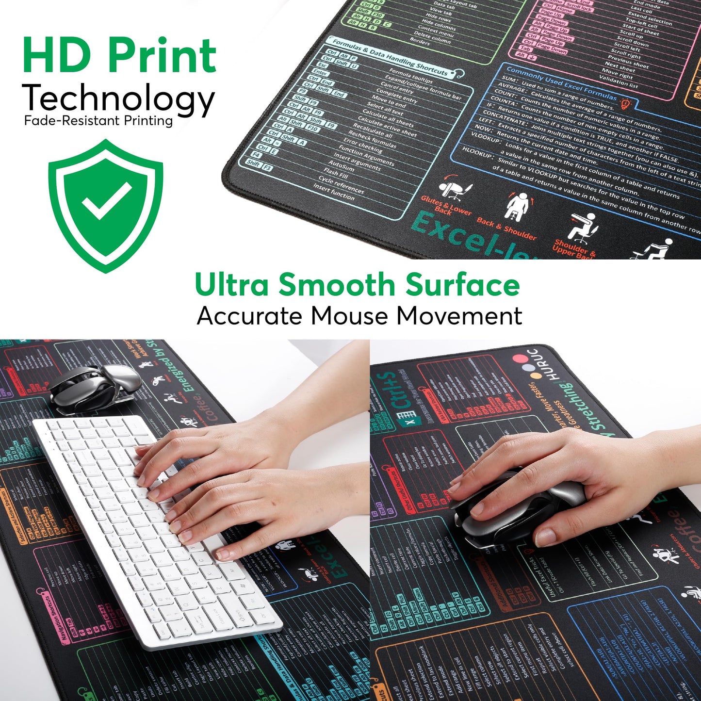 HURUC Excel Cheat Sheet Desk Pad – XL Excel Mouse Pad with Shortcut Keys & Formulas | 31.5"x11.8" Waterproof Non-Slip Desk Mat, HD Print, Stitched Edges for Work & Gaming