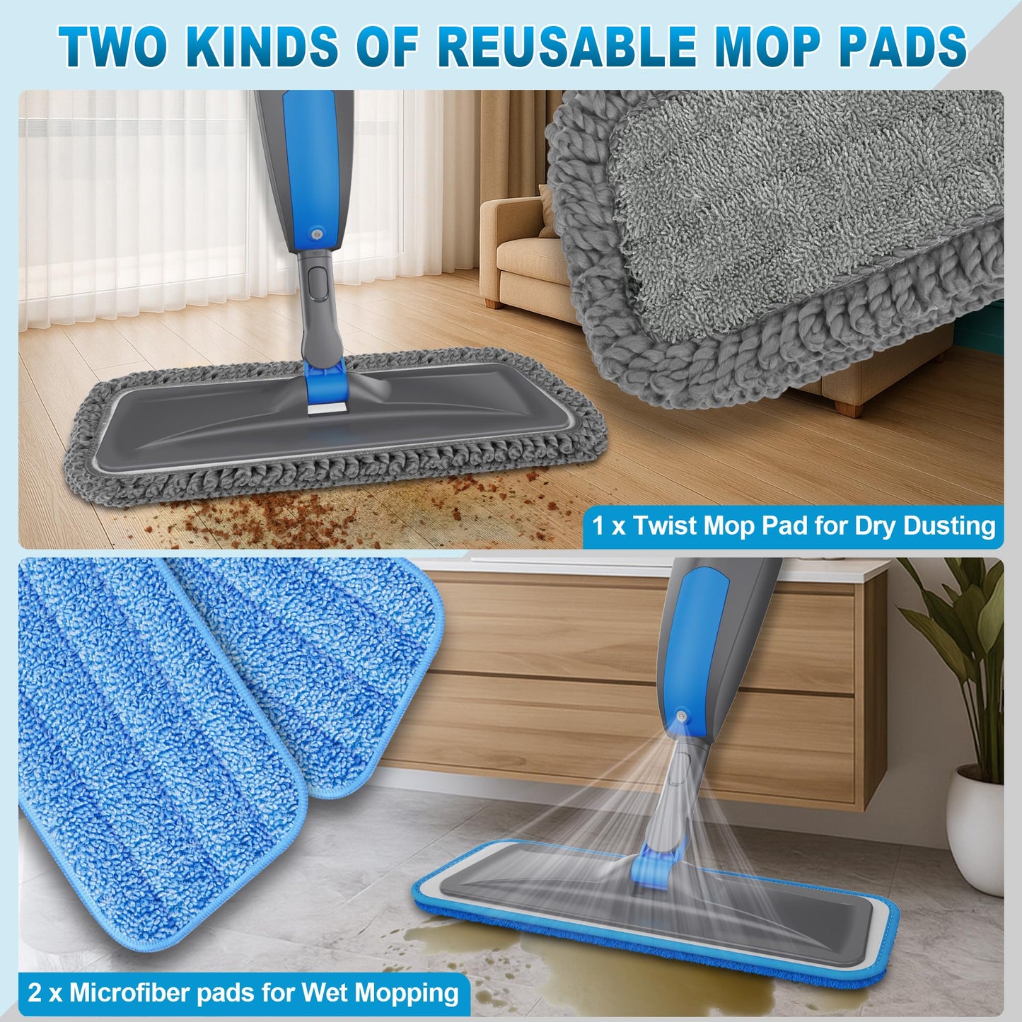 BPAWA Spray Mops for Floor Cleaning - Microfiber Wet Dry Dust Mop for Hardwood Laminate Wood Tile Vinyl Floors with 3 Washable Pads fit for Swiffer PowerMop