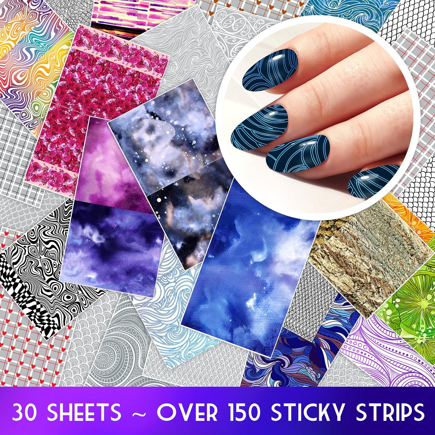 30 Sheets Nail Stickers Collection ~ Blue Marble Abstract ~ Deep Blue Watercolor Textures Stone Surfaces Gradients and Minimal Patterns in Contemporary Style Creating Sleek Modern Manicure Decals
