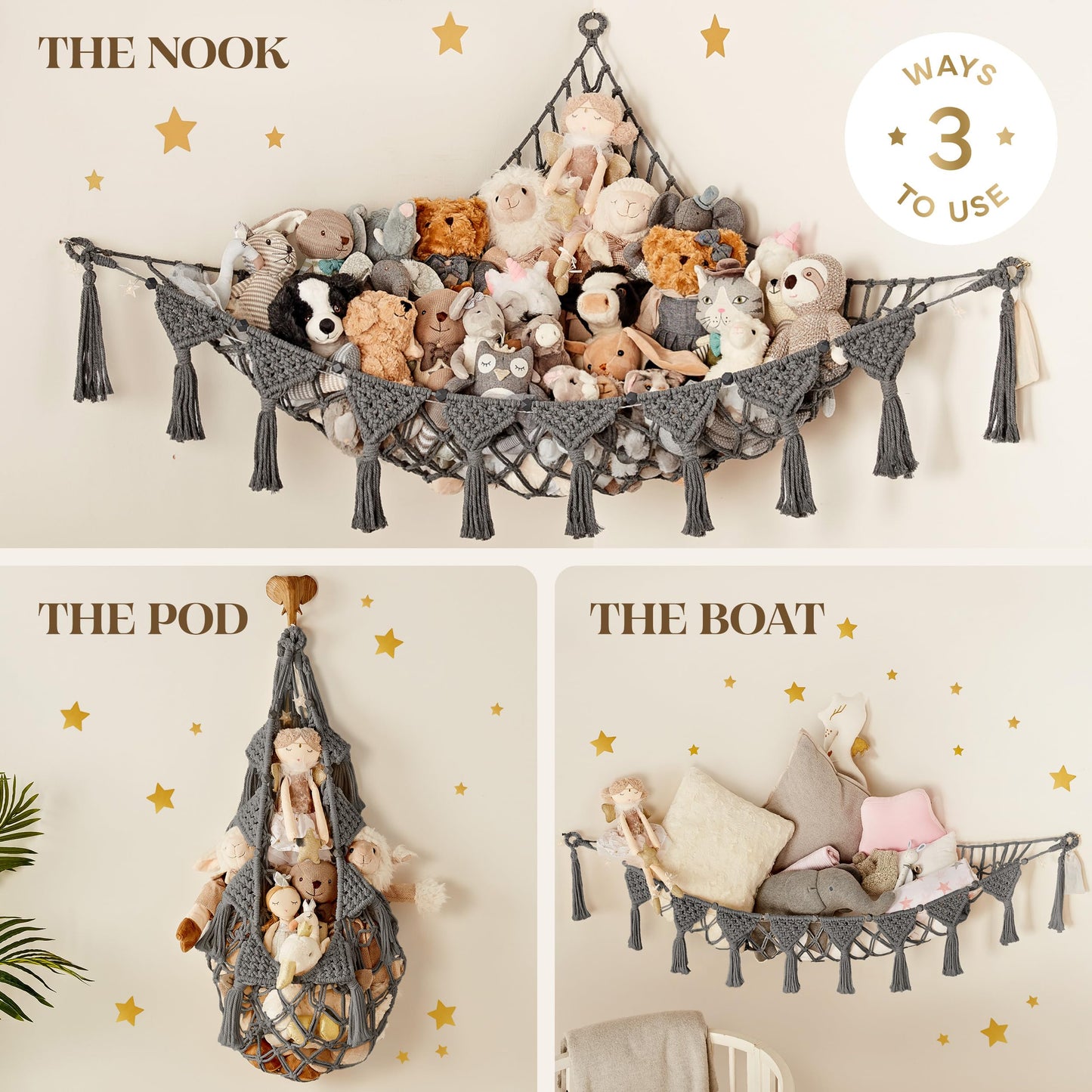 TIDYTEDS Macrame DreamLights Boho Stuffed Animal Storage Net or hammock Extra Large for Small or large Plushies. Plush Gray Toy Storage Holder