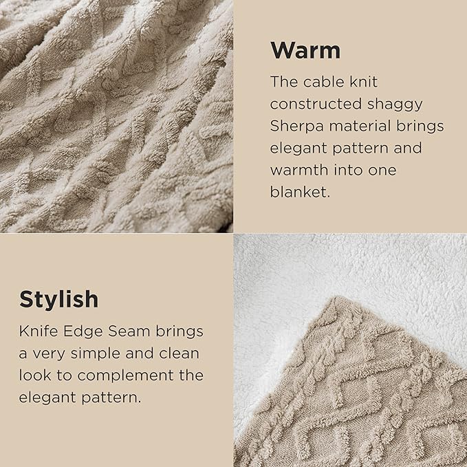 Bedsure Sherpa Fleece Blanket Twin Size for Bed - GentleSoft Fluffy & Cozy Cable Jacquard Tufted for Women Gift, Thick and Warm Blankets for Winter, Beige, 60x80 Inches