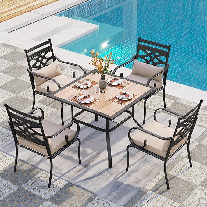 PHI VILLA 5 Pieces Outdoor Dining Set for 4, 37" Square Wood-top Metal Table & Wrought Iron Chairs, All Weather Large Outside Furniture with Cushions & Pillows for Patio, Deck, Porch