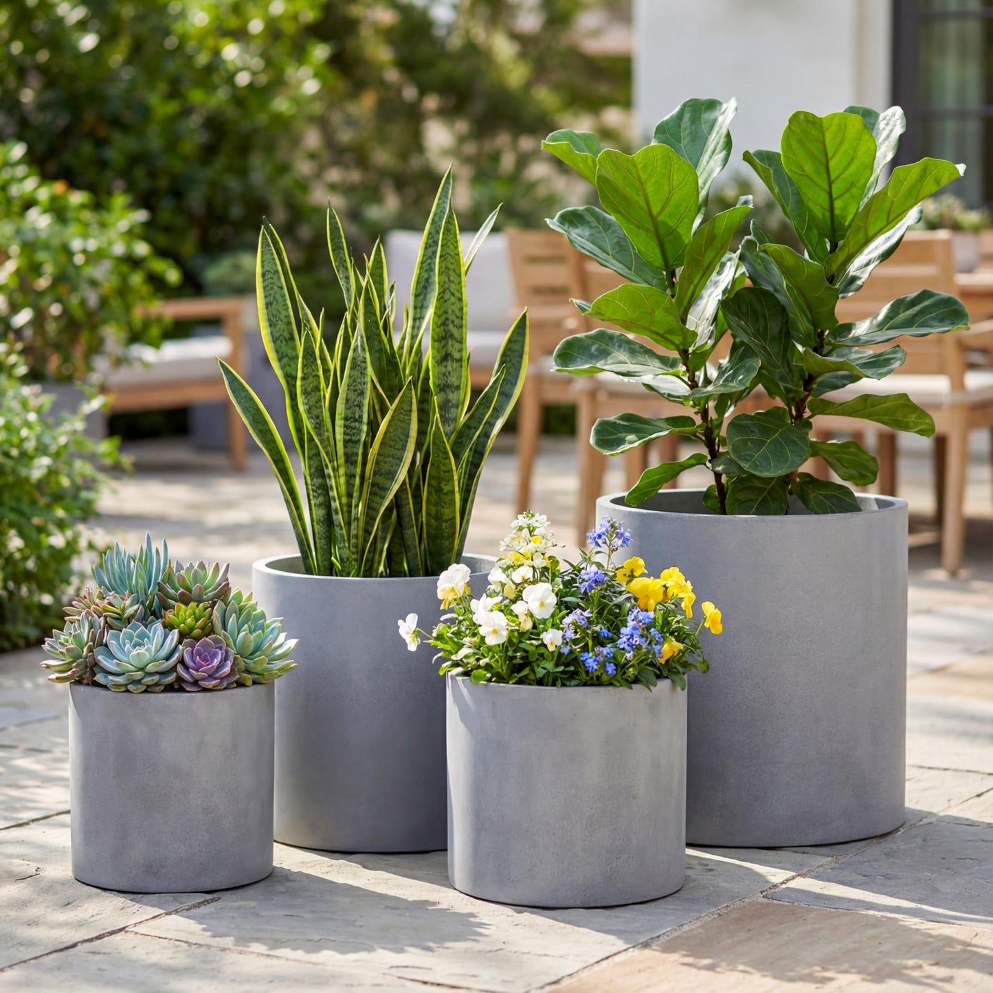 FaithLand 10 Inch Fiberstone Planter - Lightweight Modern Cylinder Plant Pot with Drainage Hole & Plug, Authentic Concrete Look, Gray