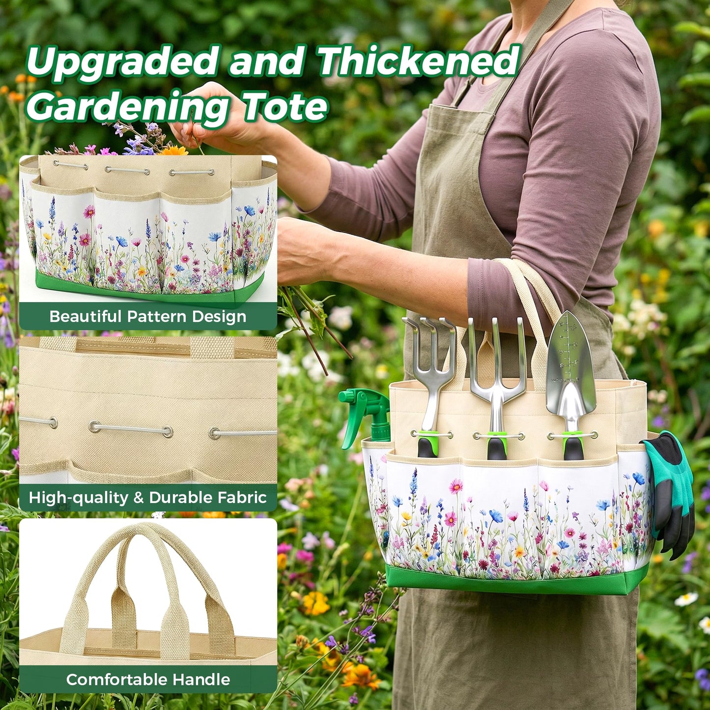 Gardening Tools 10-Piece, Heavy Duty Garden Tool Set with Fashion and Durable Garden Tools Organizer Handbag, Rust-Proof Gardening Hand Tools Weeding Kit, Ideal Gardening Gifts for Women