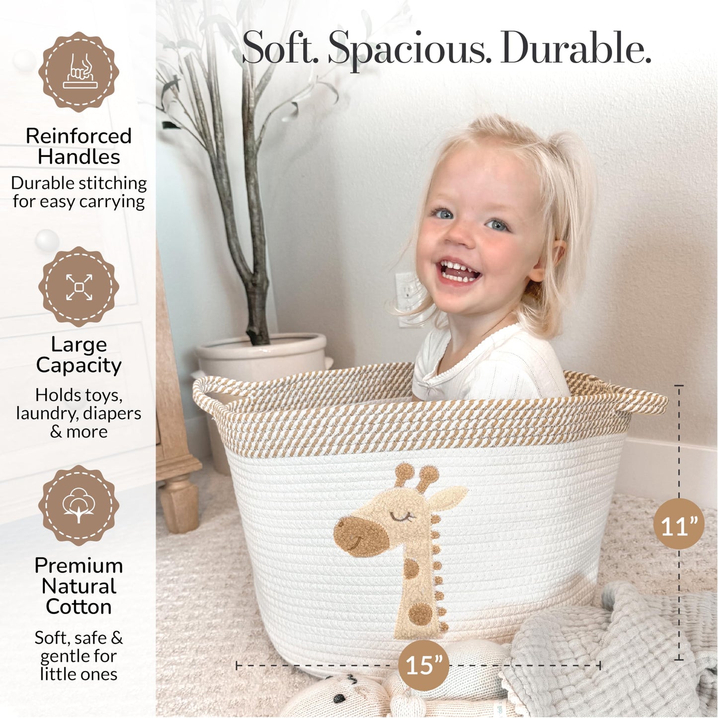 Giraffe Storage Basket for Nursery – Large 15”x11” Cotton Rope Bin with Soft Felt Animal Patch – Toy Organizer, Baby Laundry Hamper, Diaper & Towel Holder – Foldable, Washable & Baby-Safe