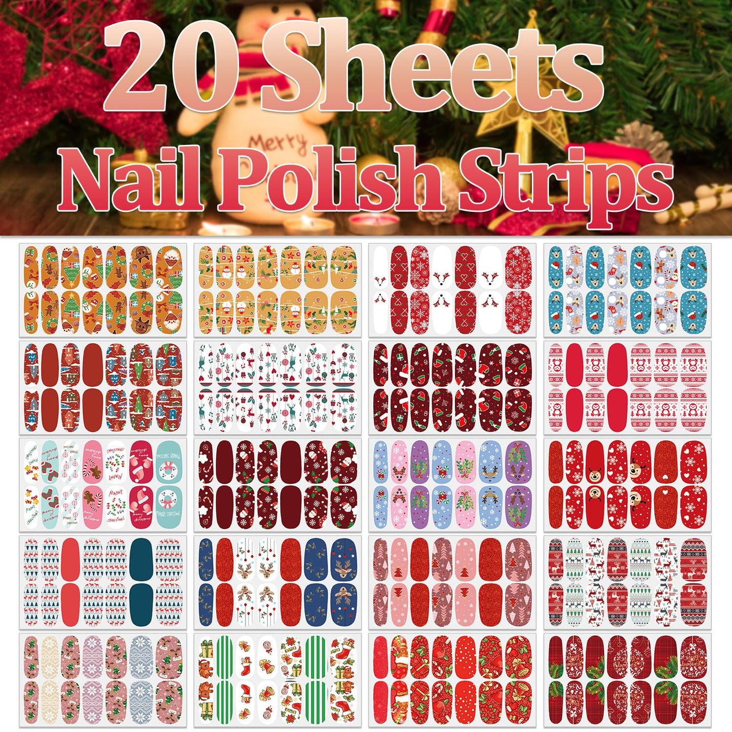 SILPECWEE 20 Sheets Christmas Nail Polish Strips Full Nail Wraps for Women Holiday Self Adhesive Nail Polish Stickers Gel Nail Strips Fingernail Manicure Stickers with 1pc File