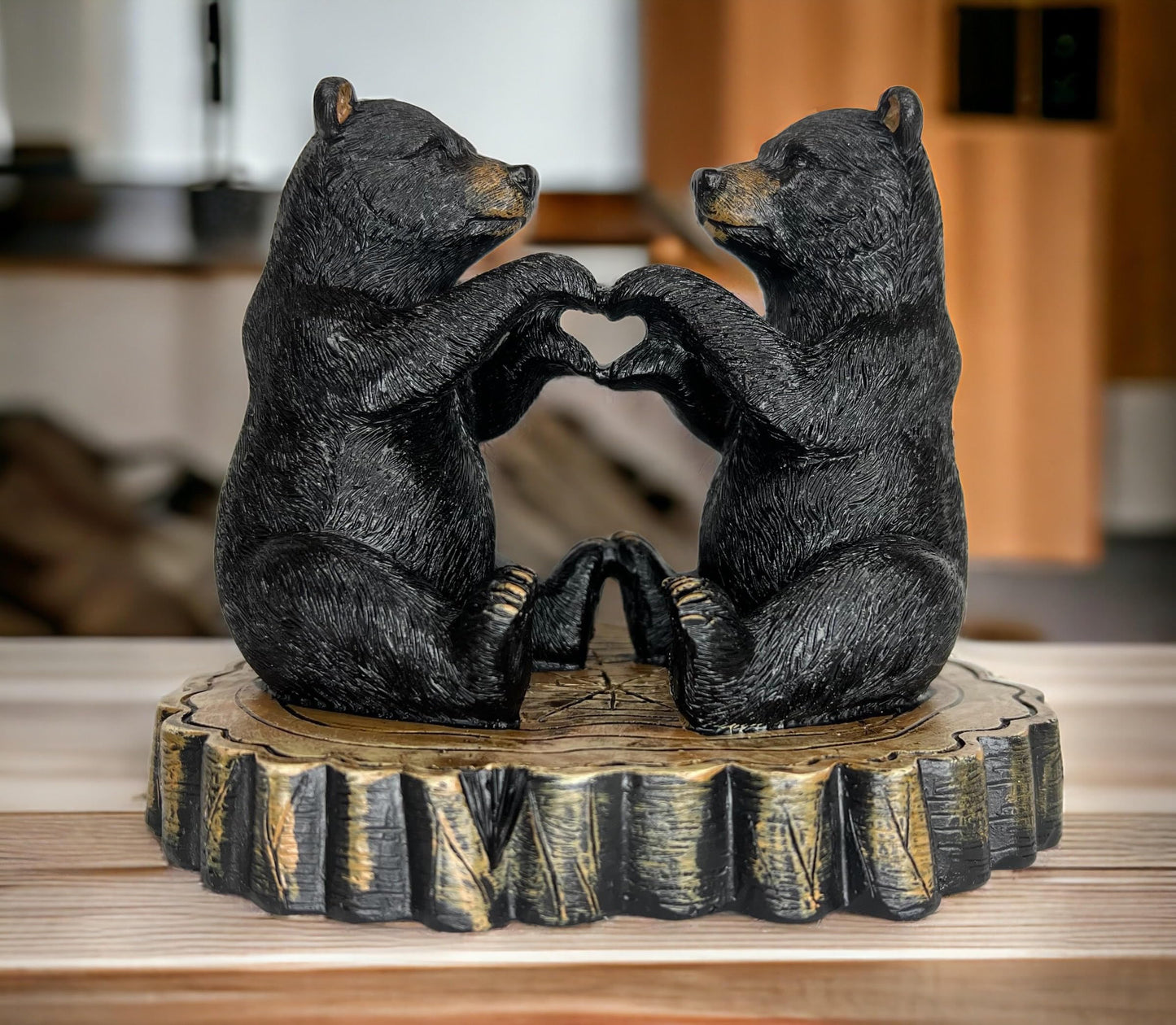 Two Black Bears Heart Hands Figurine – 6” Wide Whimsical Bear Couple I Love You Statue – Rustic Home, Cabin, Lodge, Office Decor