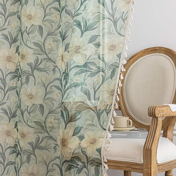 Green Floral Sheer Curtains 84 inch Long, Fringed Edges and Textured Semi Sheer Curtains Large Window Treatments for Living Room/Bedroom, 2 Panels