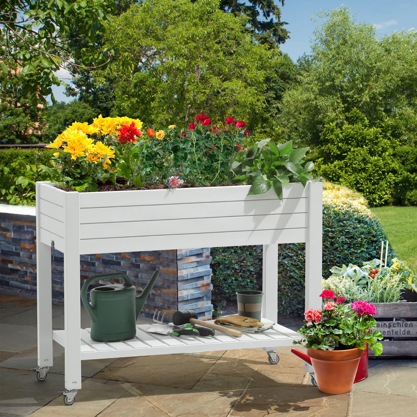 YITAHOME 3.6x1.5x2.8 FT Elevated Garden Bed Kit with Legs and Wheels, Outdoor Large Resin Planter Box Stand with Drain Plug and Storage Shelf for Plants Vegetables Fruits, Grayish-White